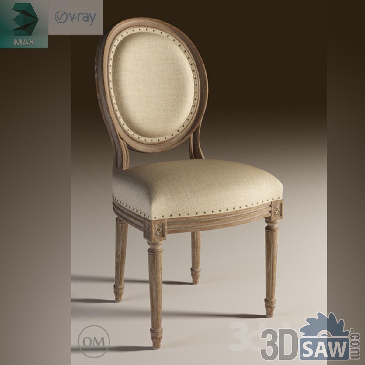 3ds Max classic oval-back dining chair with linen upholstery and nailhead trim