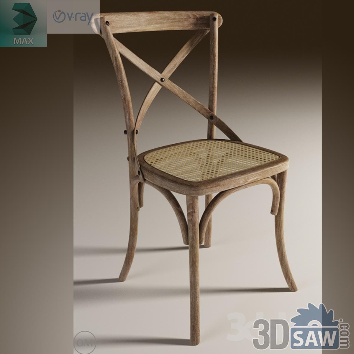 3ds Max rustic cross-back dining chair with woven rattan cane seat