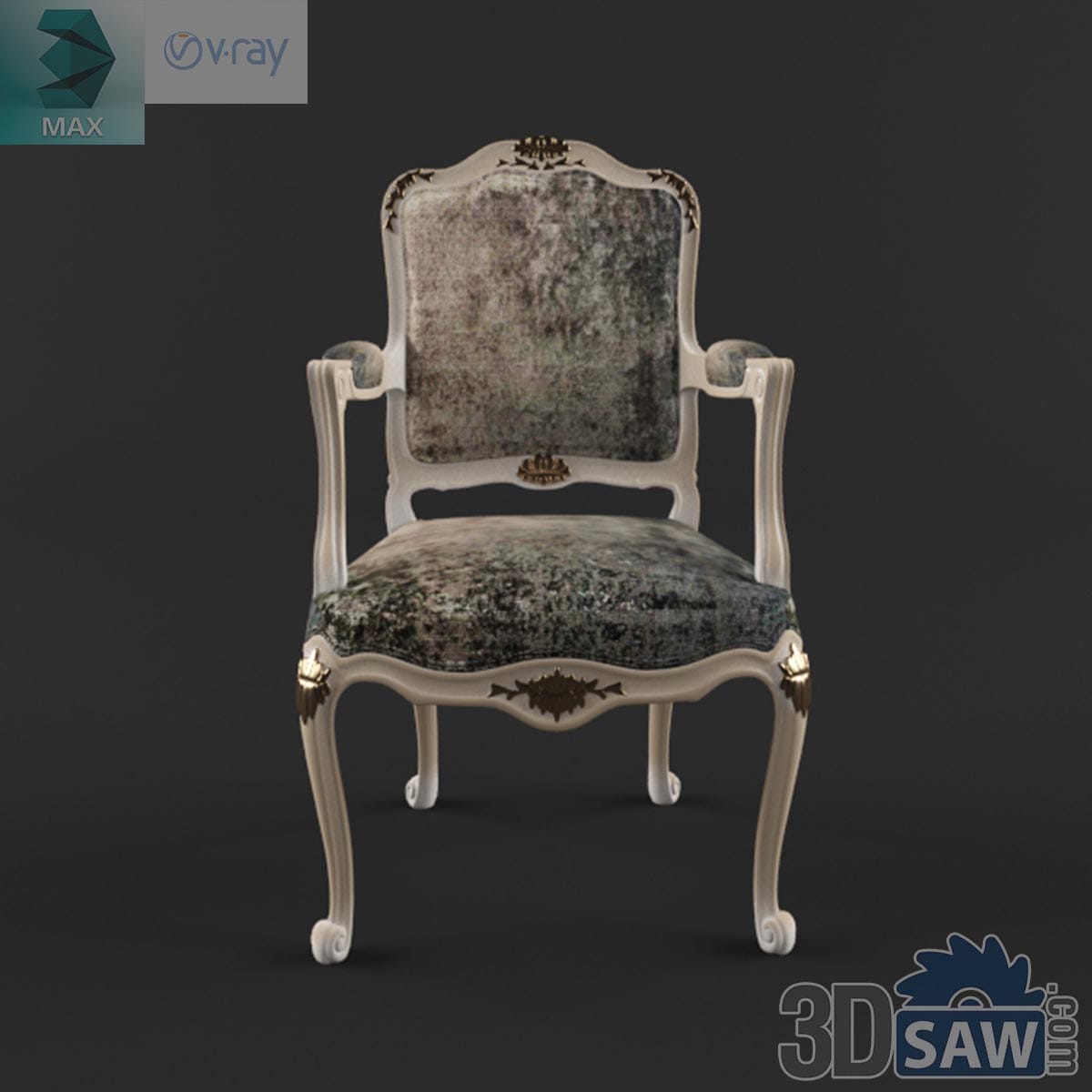 3ds Max classic baroque whitewashed armchair with green velvet upholstery