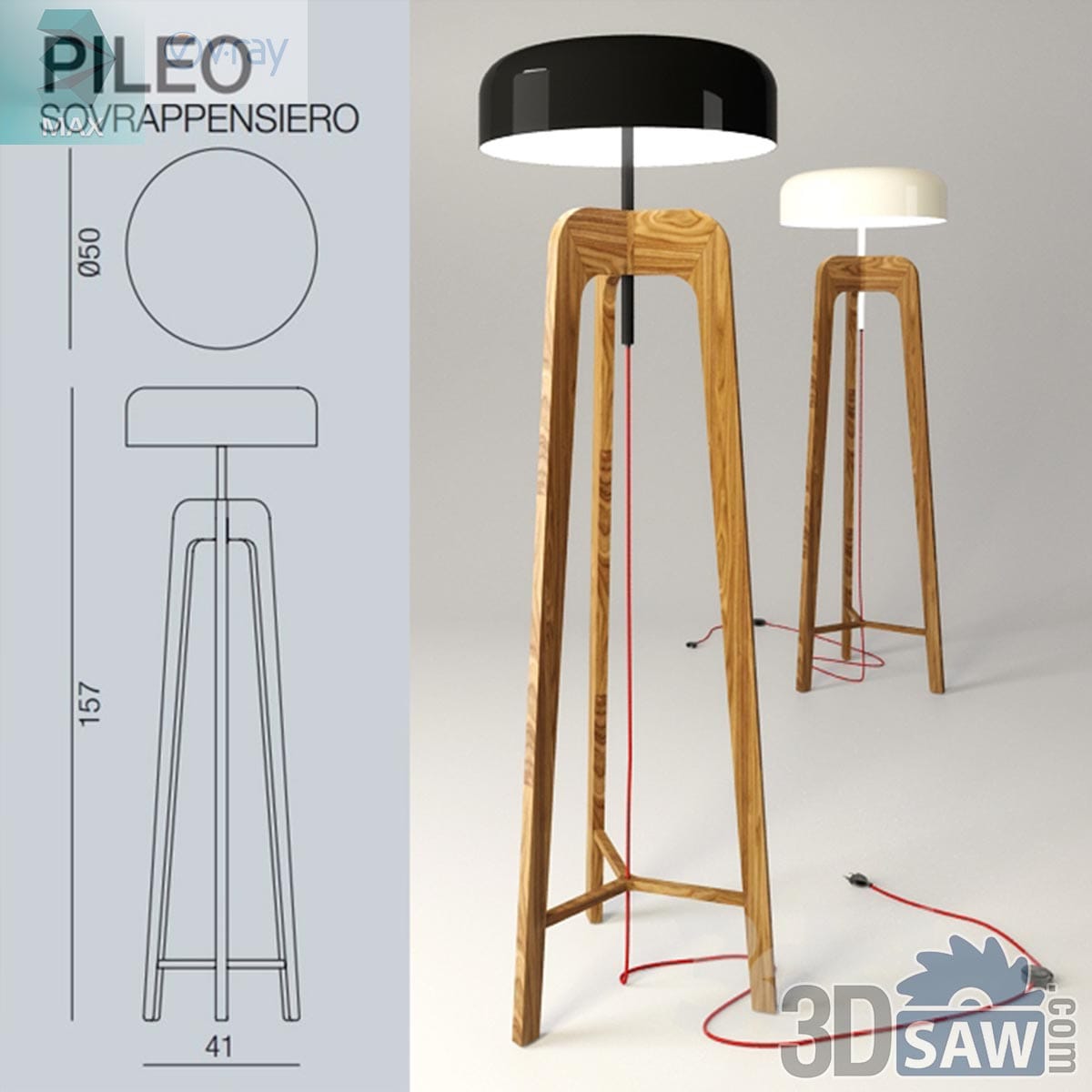 3ds Max modern tripod wood floor lamp with round black metal shade