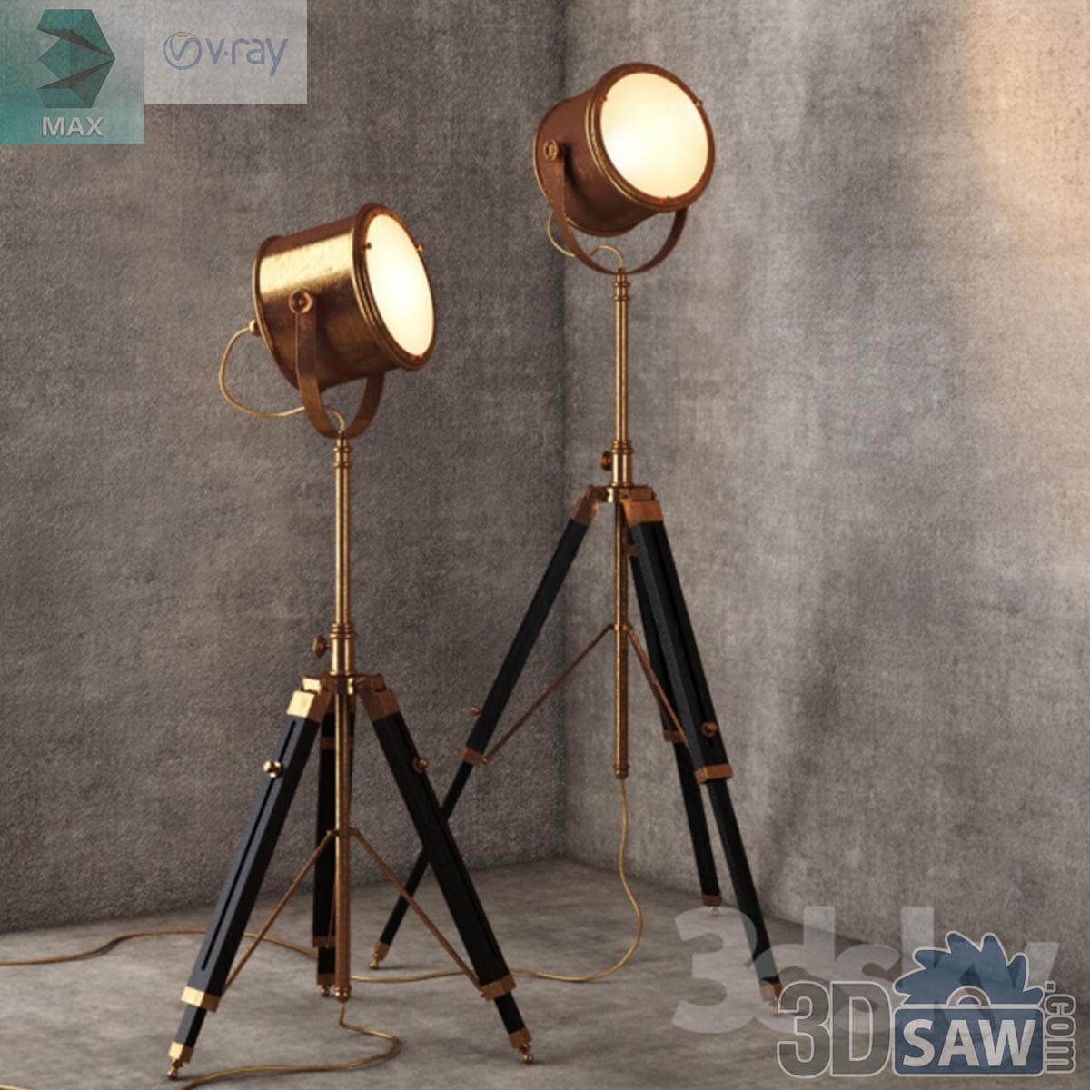 3ds Max industrial tripod studio spotlight floor lamp set in brass and copper