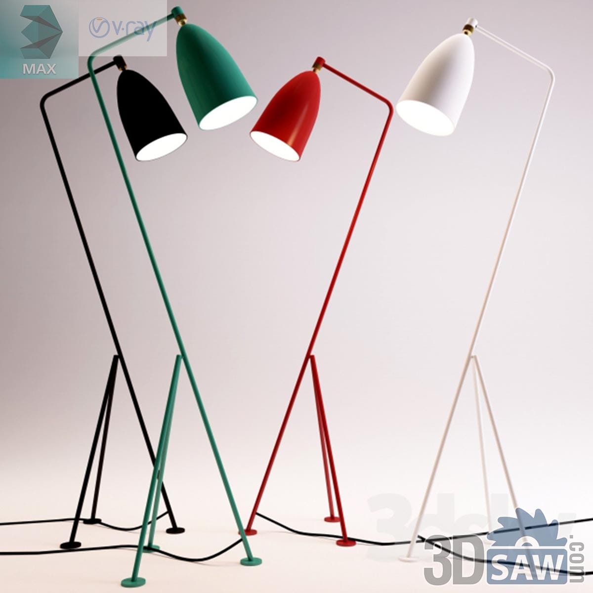 3ds Max modern minimalist tripod floor lamp collection in black, teal, red, and white