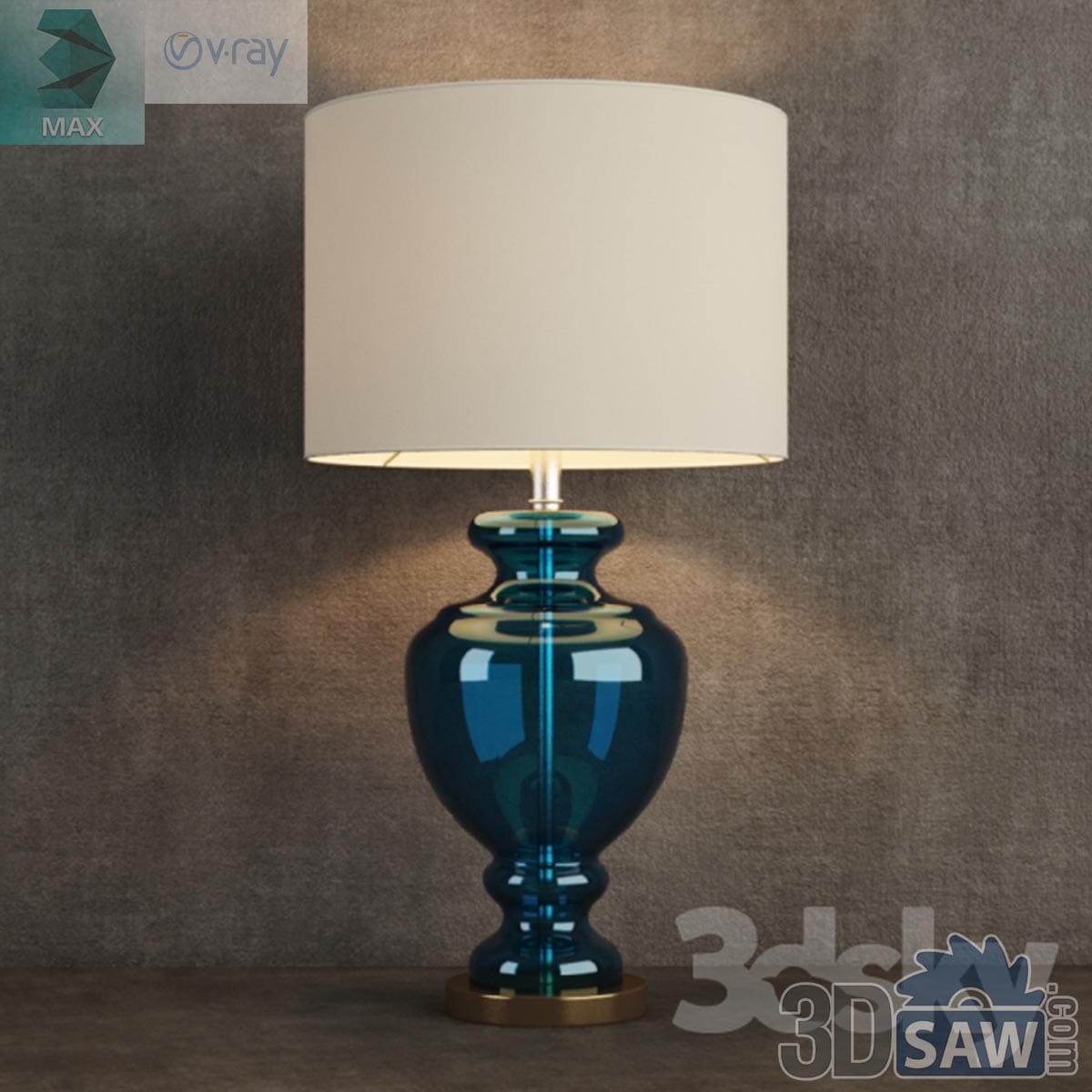 3ds Max classic blue glass urn table lamp with cream drum shade