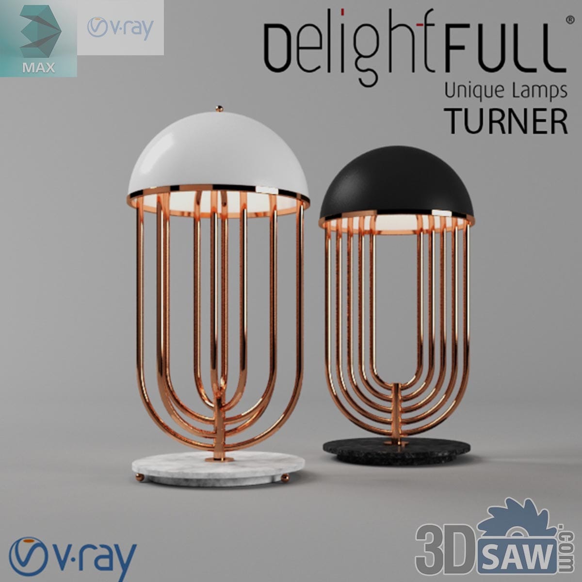 3ds Max modern dome cage table lamp with rose-gold rods and marble base