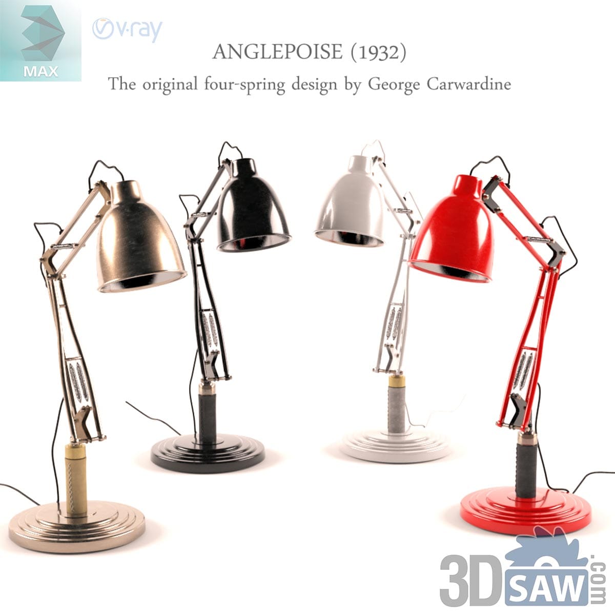 3ds Max industrial articulated spring-arm task lamp collection in four colors