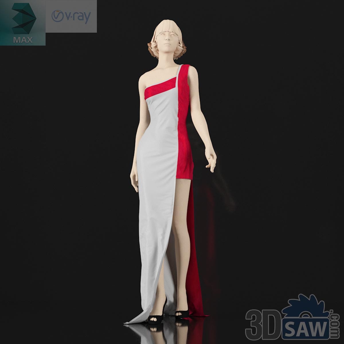 3ds Max female fashion mannequin wearing red and white one-shoulder evening gown