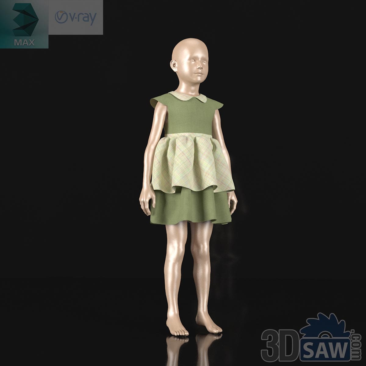 3ds Max girl kid fashion mannequin wearing green tiered dress