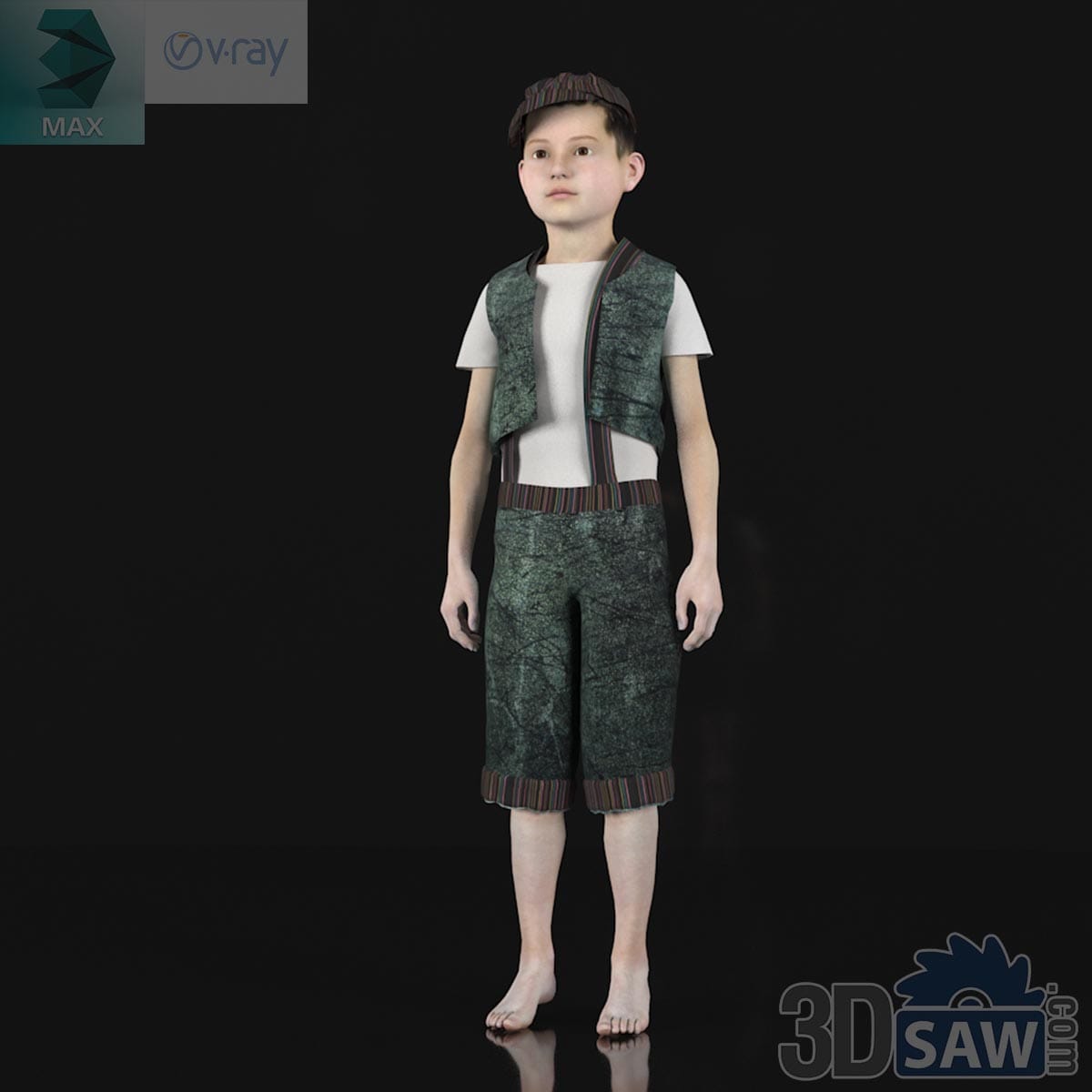 3ds Max boy kid fashion mannequin wearing vintage newsboy outfit with cap and suspenders