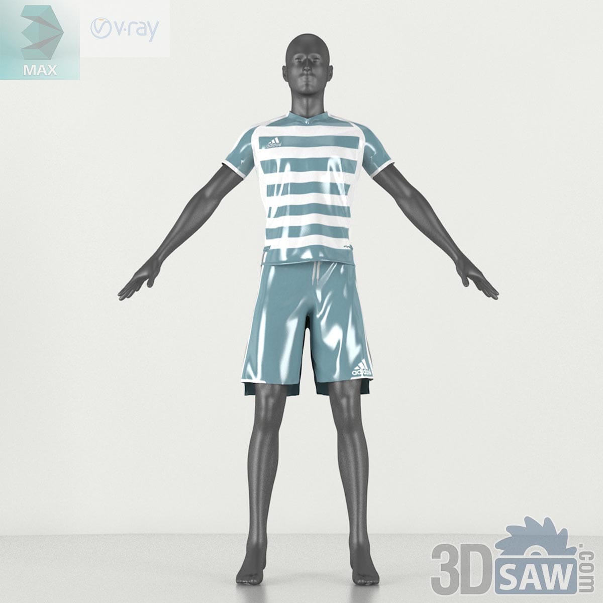 3ds Max male fashion mannequin wearing striped teal and white athletic jersey and shorts