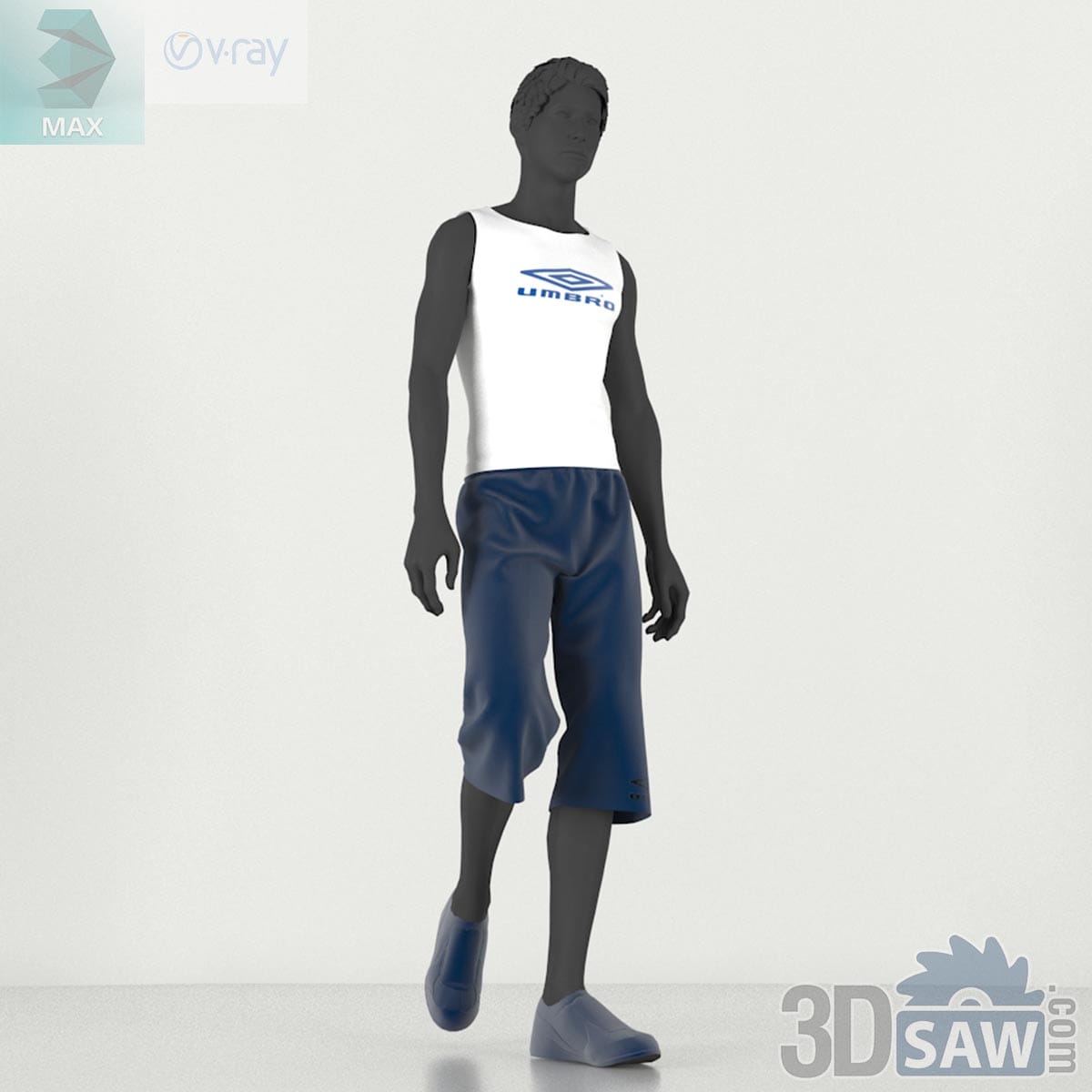 3ds Max male fashion mannequin wearing sport tank top and navy shorts