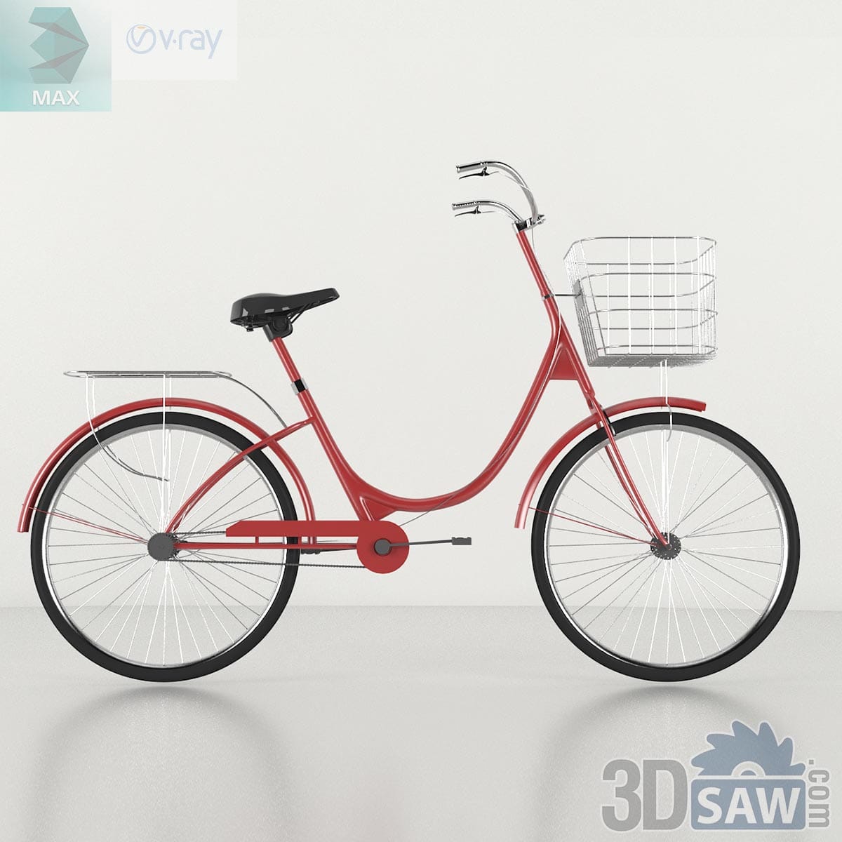 3ds Max vintage red city cruiser bicycle with front basket and rear rack