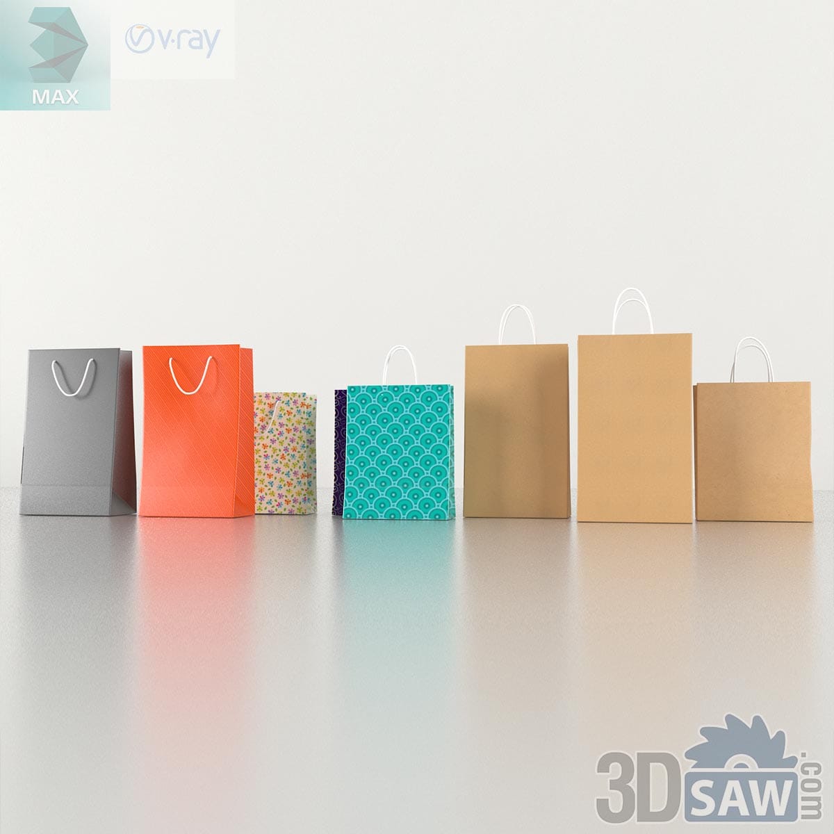 3ds Max assorted paper shopping bag collection in various colors and patterns