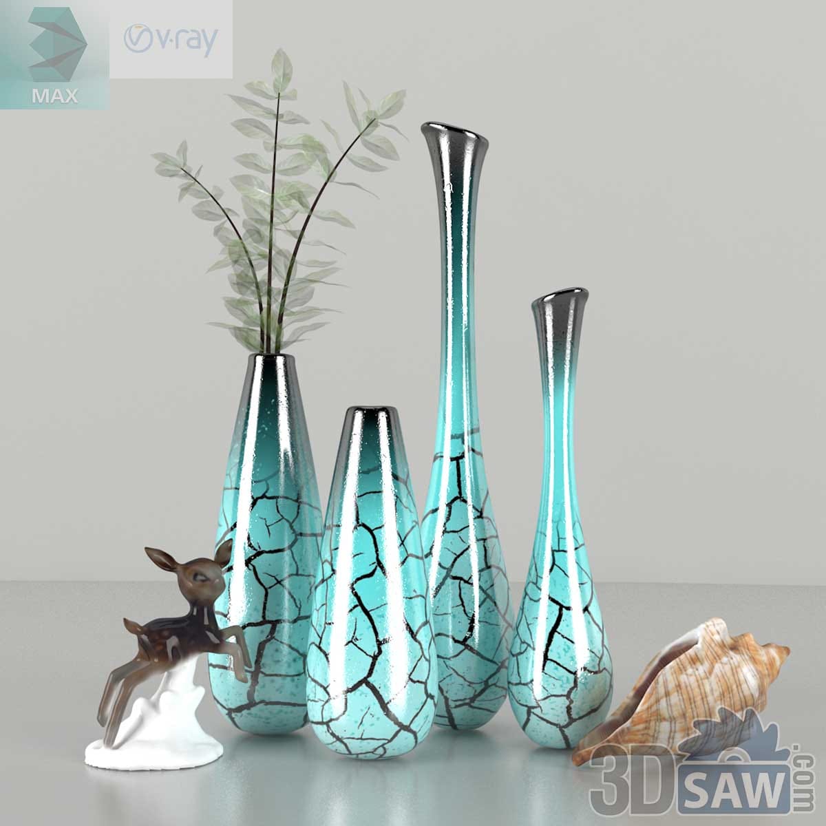 3ds Max modern turquoise crackle glass vase collection with fawn figurine