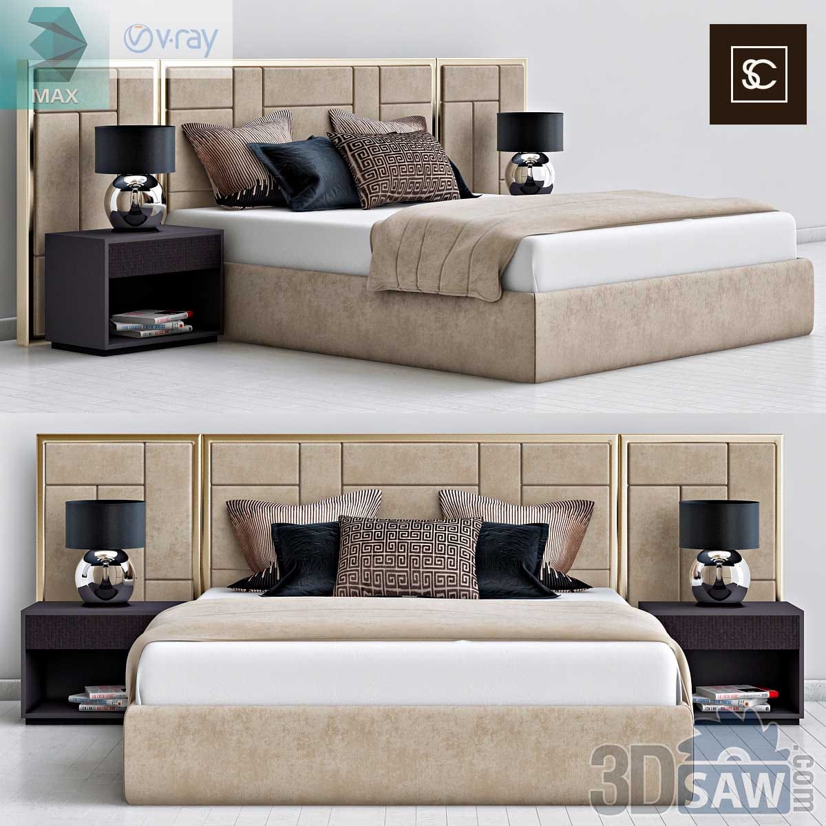 3ds Max luxury bed with geometric padded beige headboard, dark nightstands and chrome lamps
