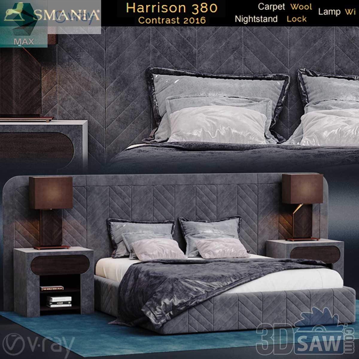 3ds Max grey velvet bed with curved headboard flowing into built-in bronze-lamp nightstands