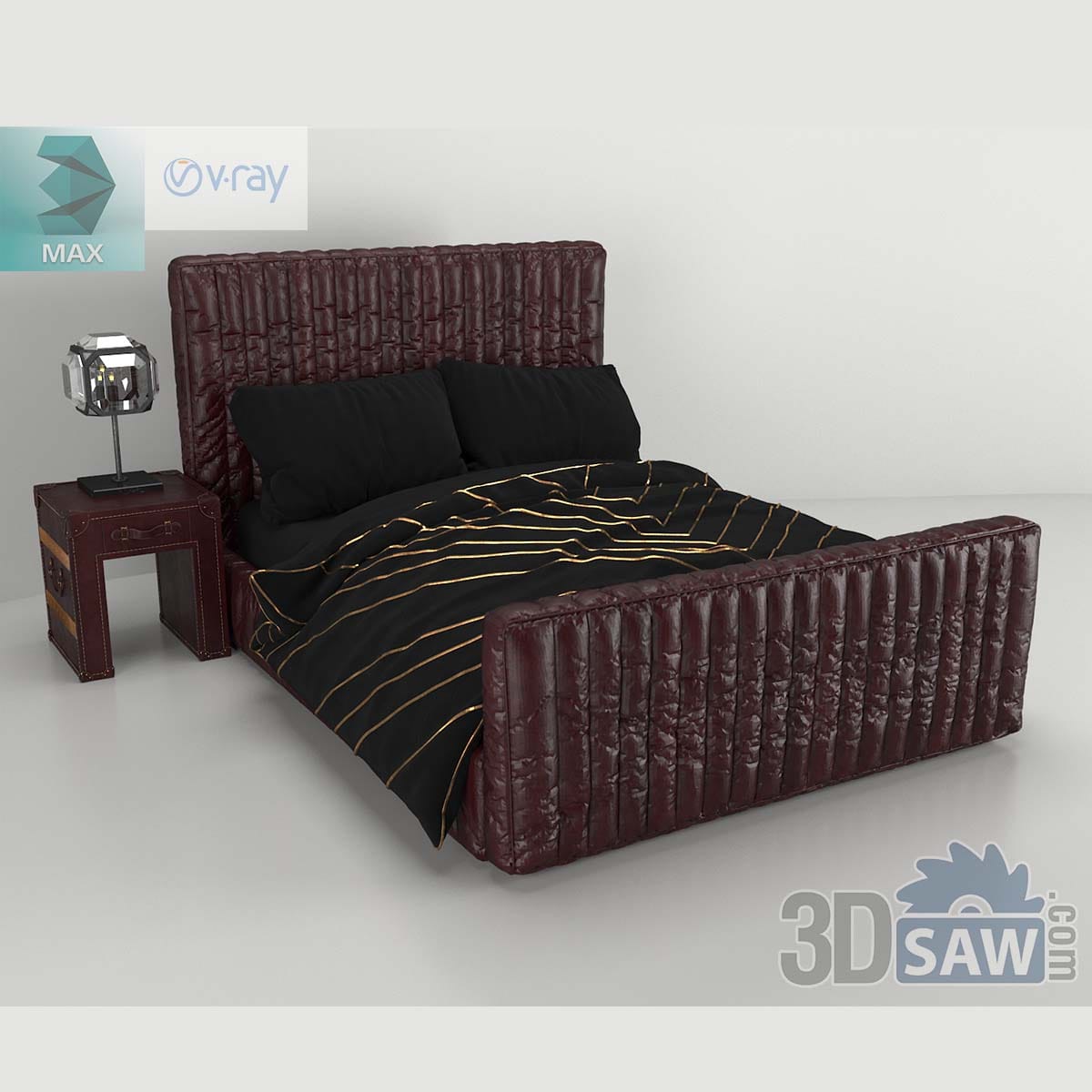 3ds Max vintage oxblood leather bed with channel-quilted footboard and trunk nightstand