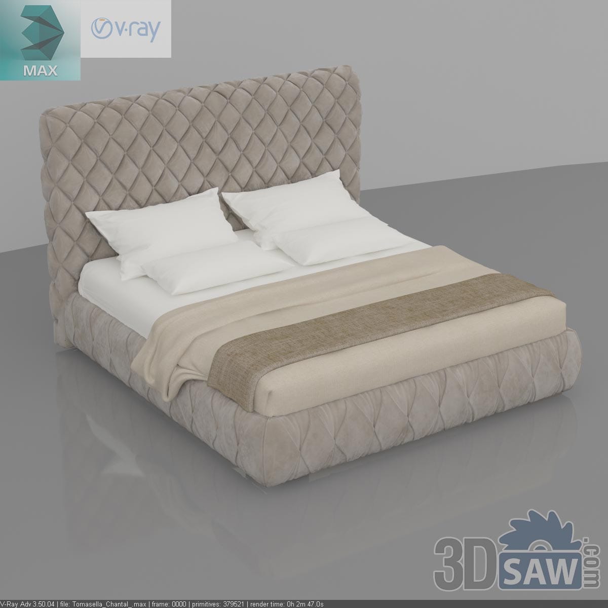 3ds Max contemporary diamond-tufted beige velvet wingback bed with white bedding