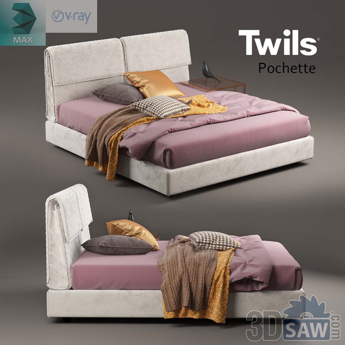 3ds Max modern grey upholstered bed with folded-flap headboard and dusty-rose bedding