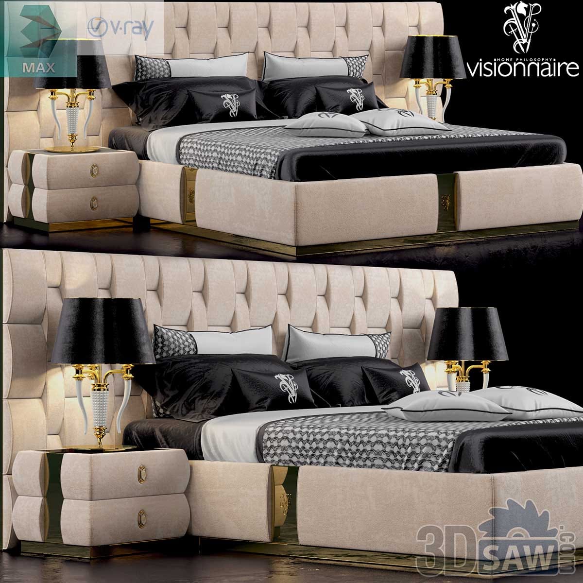 3ds Max luxury cream channel-tufted bed on gold plinth with ornate black-and-gold lamps
