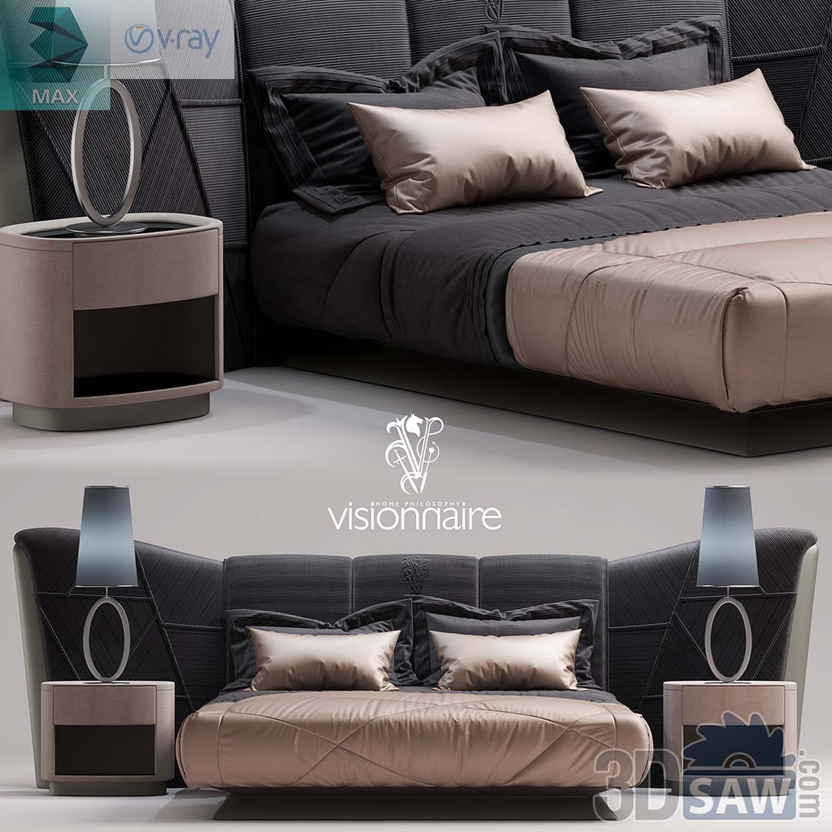 3ds Max charcoal channel-tufted bed with taupe satin bedding and oval-mirror nightstands