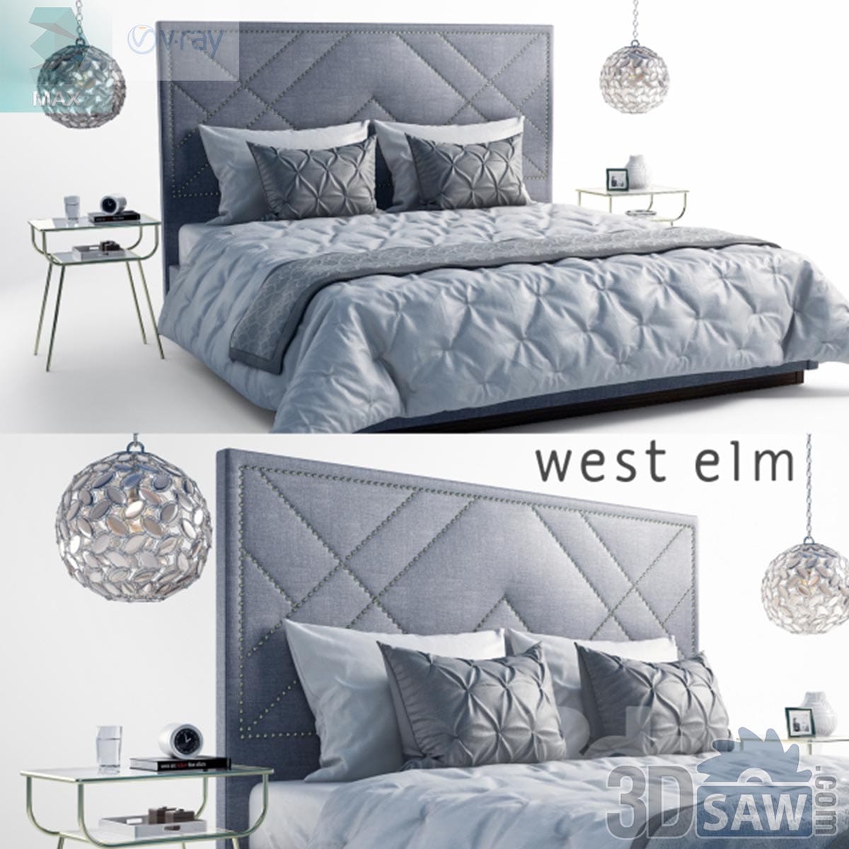 3ds Max grey linen bed with nailhead diamond headboard and capiz-shell pendant lamps