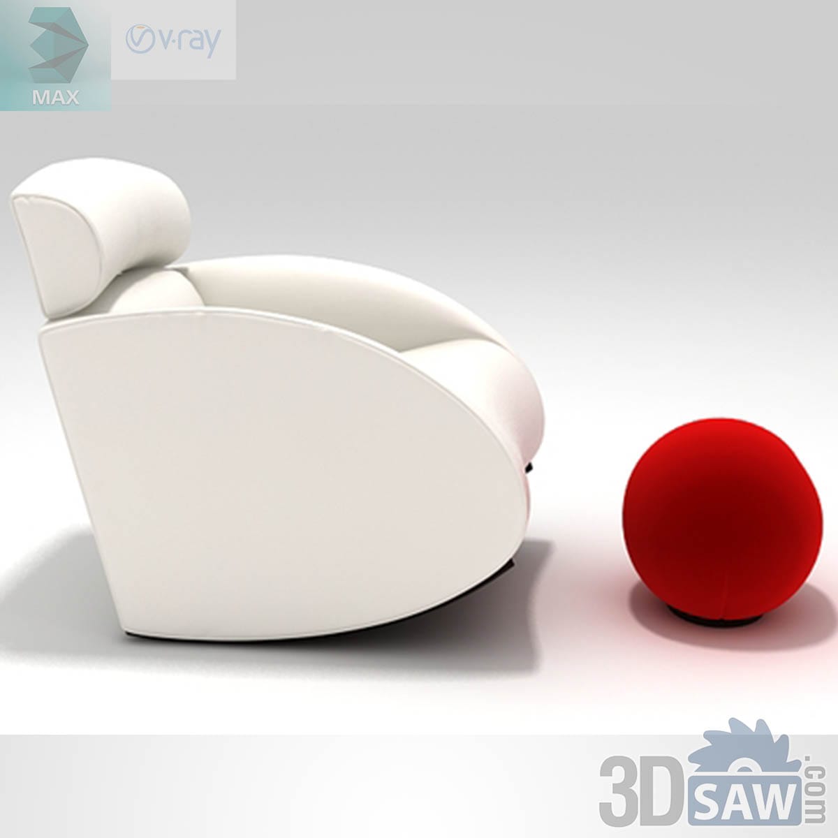 3ds Max modern white leather barrel lounge chair with a small red ball pouf