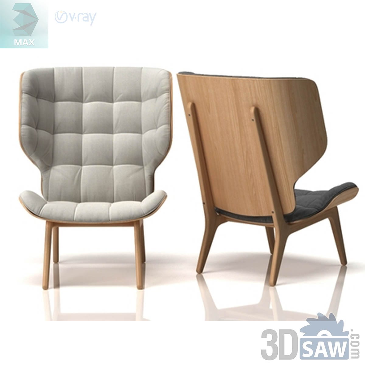 3ds Max Scandinavian oak wingback lounge chair with grid-quilted grey cushion