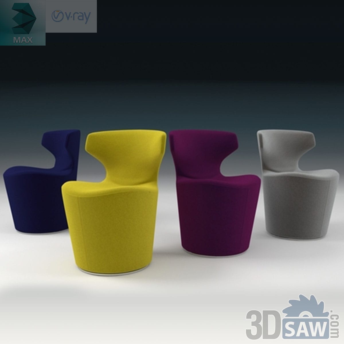 3ds Max modern swivel tub chair with curled wing back shown in four colours
