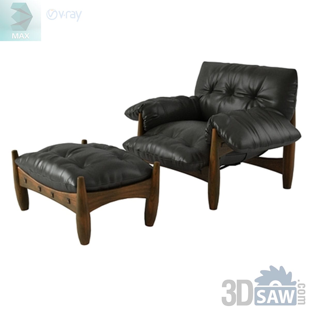 3ds Max mid-century black leather lounge armchair and footstool on a solid wood frame