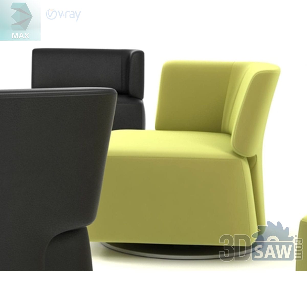 3ds Max modern swivel wing armchairs in black leather and chartreuse fabric