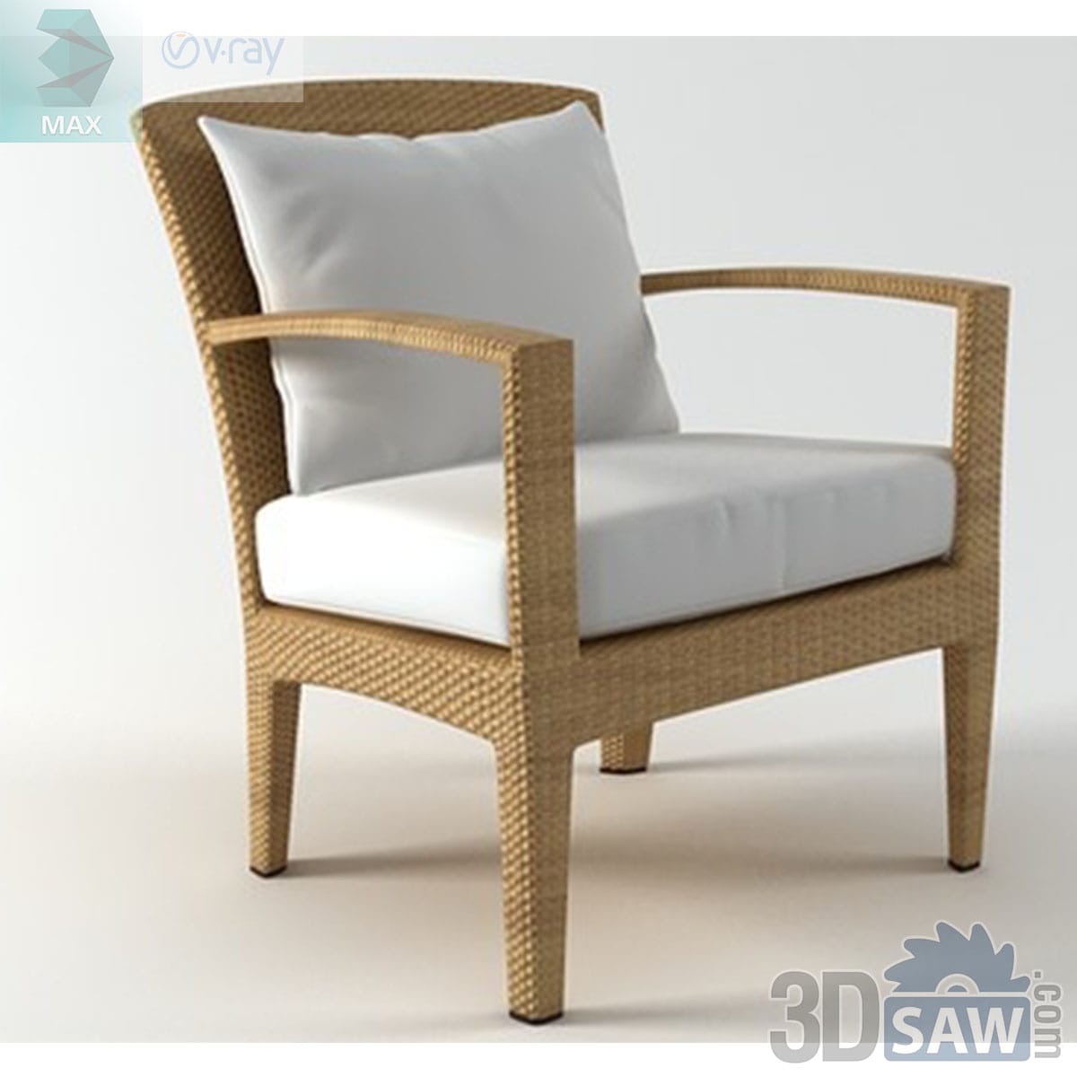 3ds Max contemporary woven rattan lounge armchair with white seat and back cushions