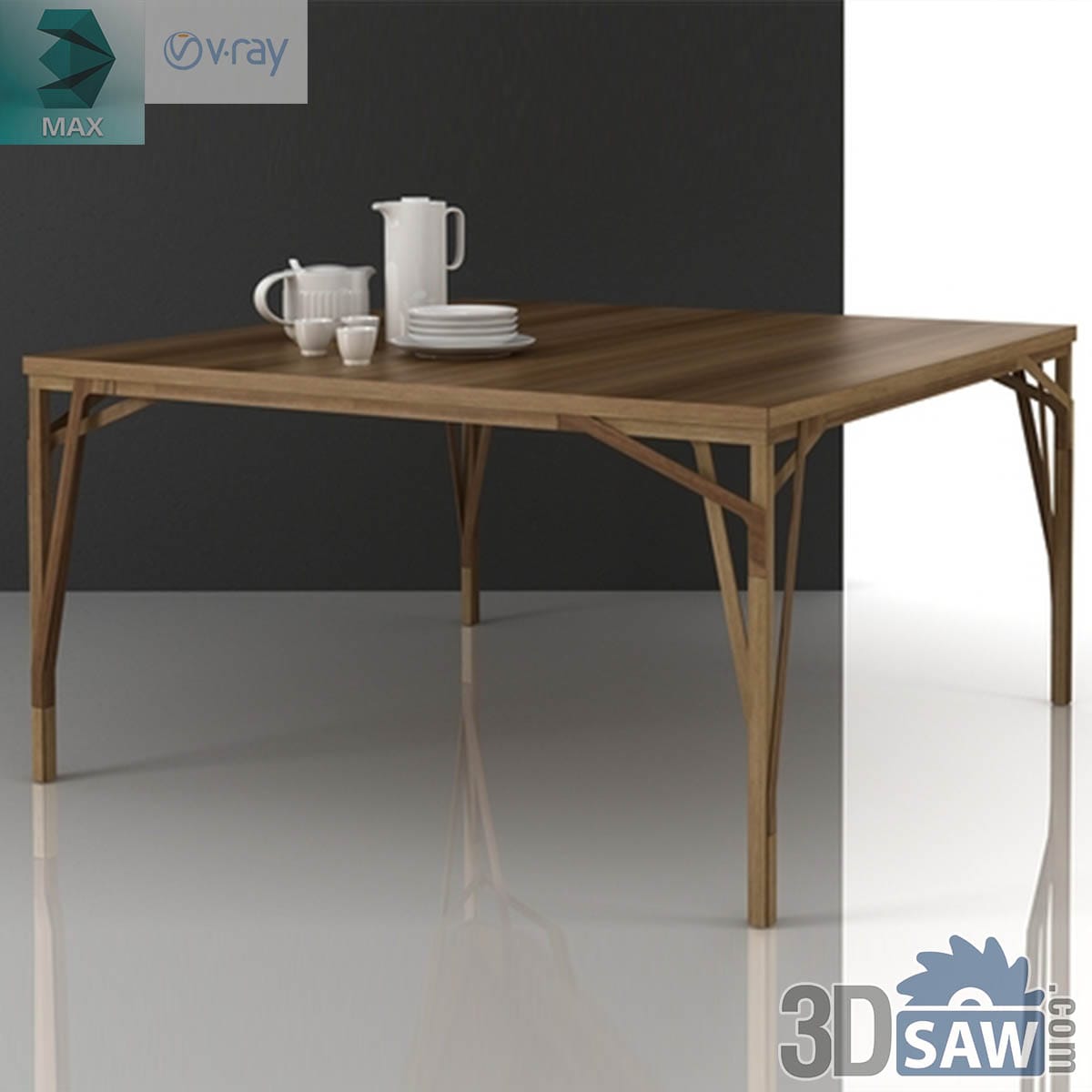 3ds Max Scandinavian square walnut dining table with branching Y-brace legs and ceramic set