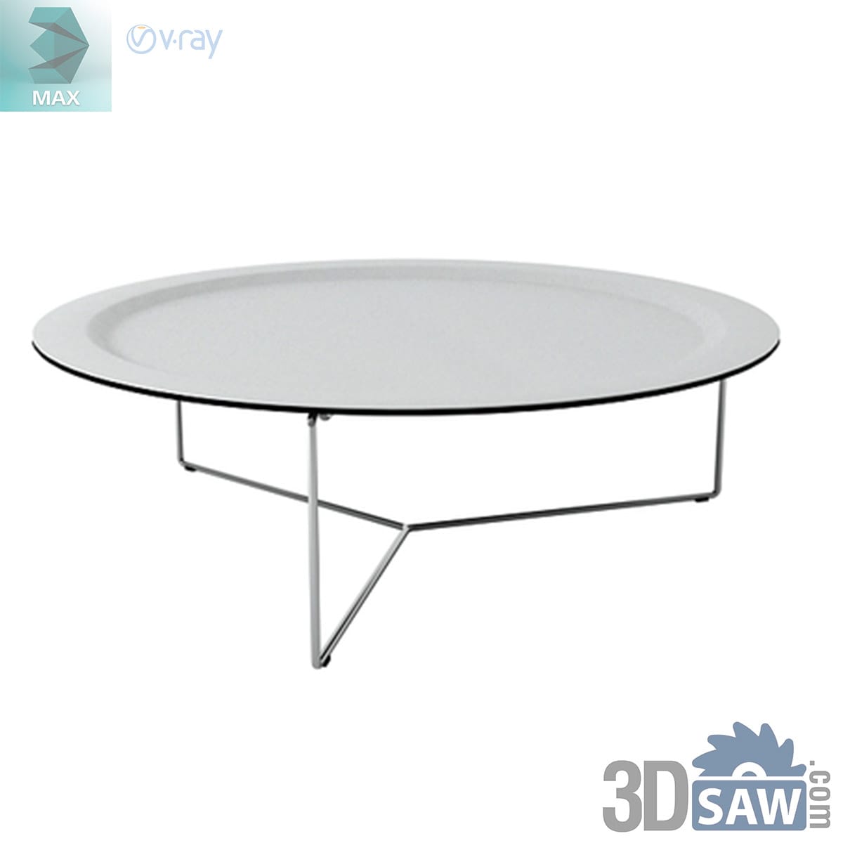 3ds Max minimalist round white tray-top coffee table on a fine chrome wire tripod base