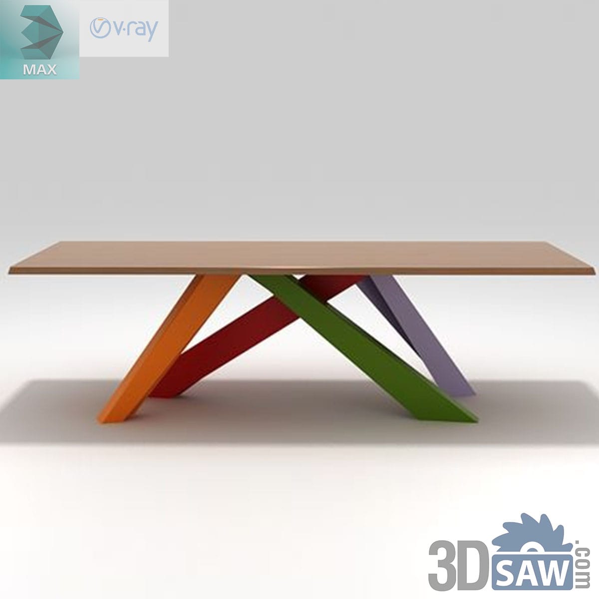 3ds Max contemporary wood dining table on angled multicolour blade legs