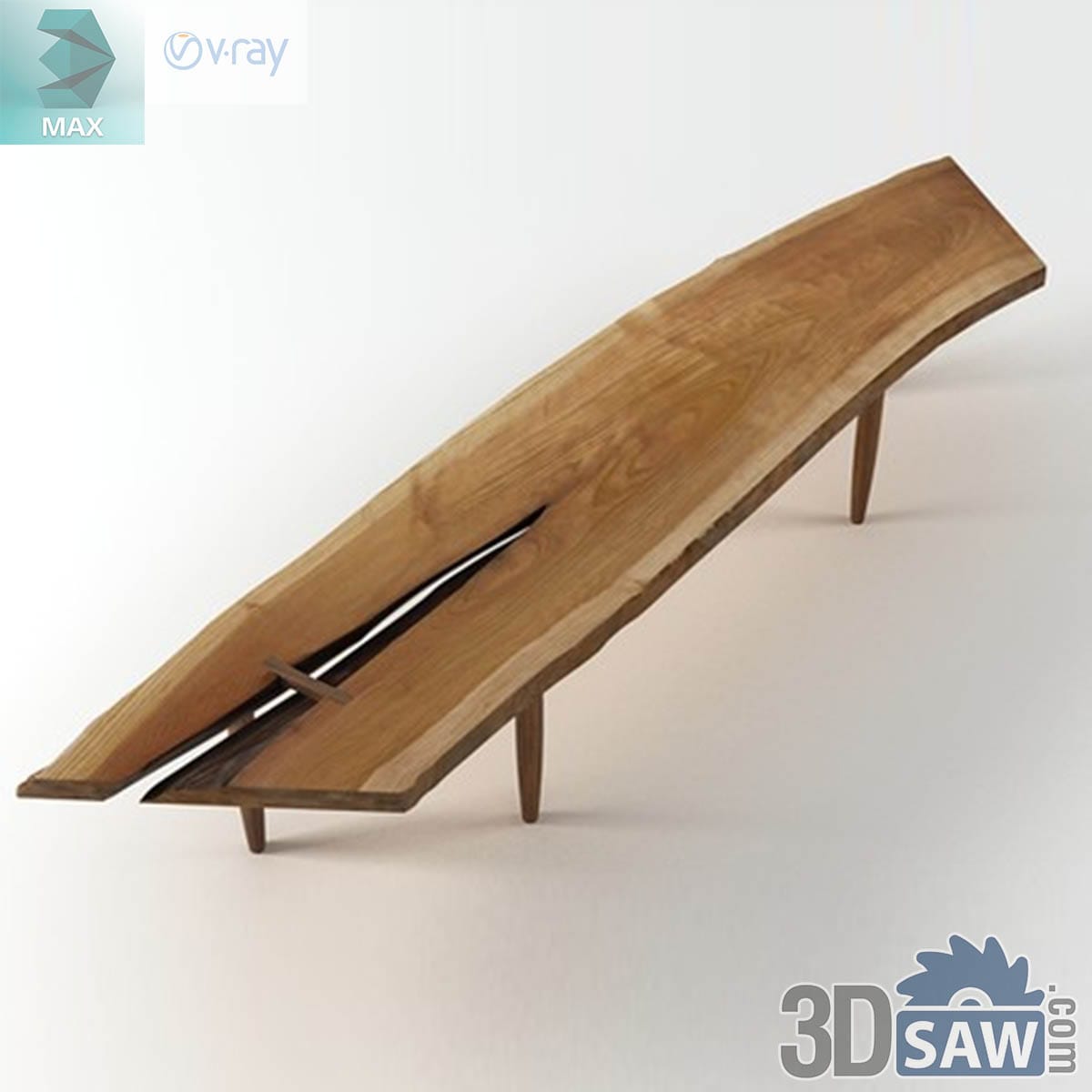 3ds Max mid-century live-edge wood slab bench with a butterfly key joint on tapered legs