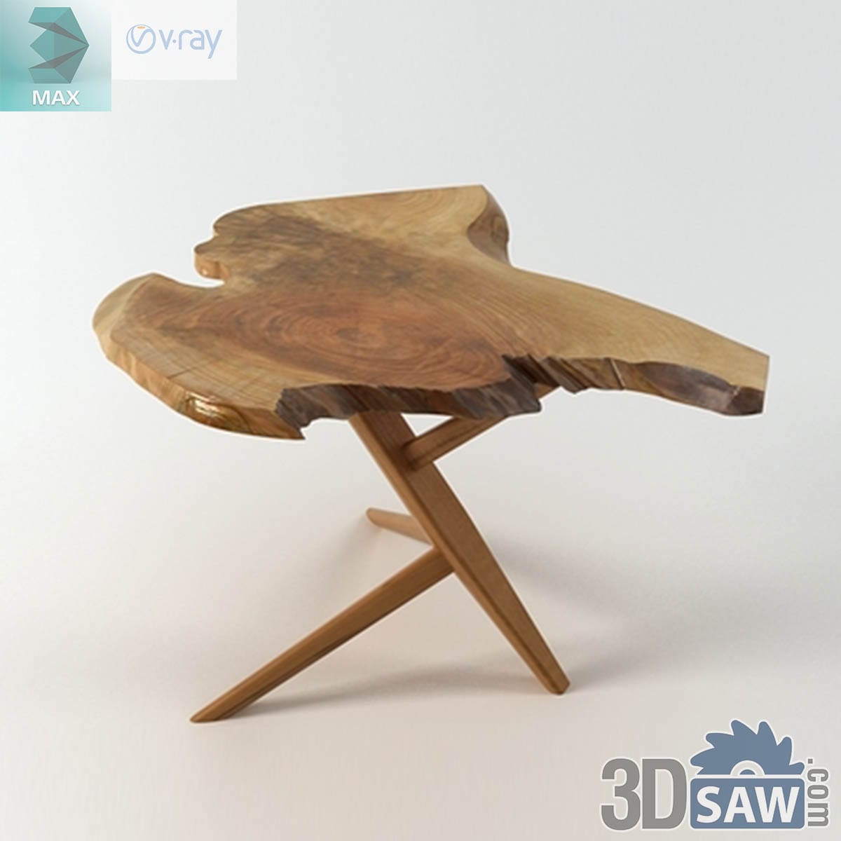 3ds Max rustic live-edge wood slab coffee table on a splayed tripod of tapered legs