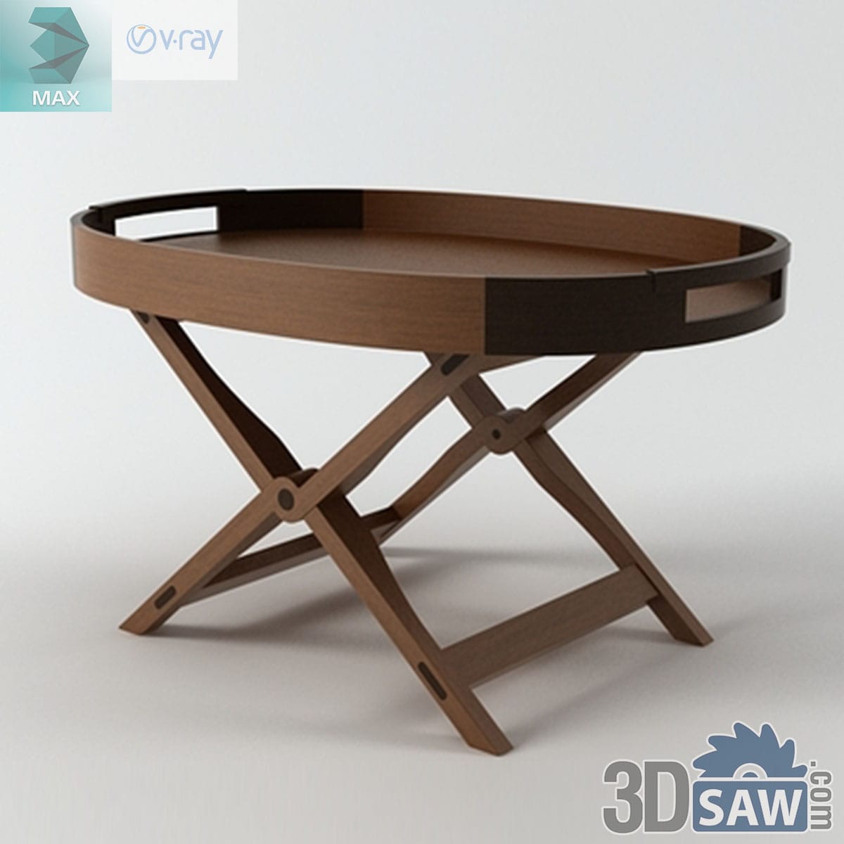 3ds Max classic round wooden butler's tray side table on a folding X-frame stand