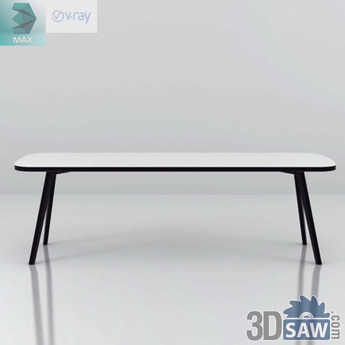 3ds Max Scandinavian dining table with rounded white top and splayed tapered black legs