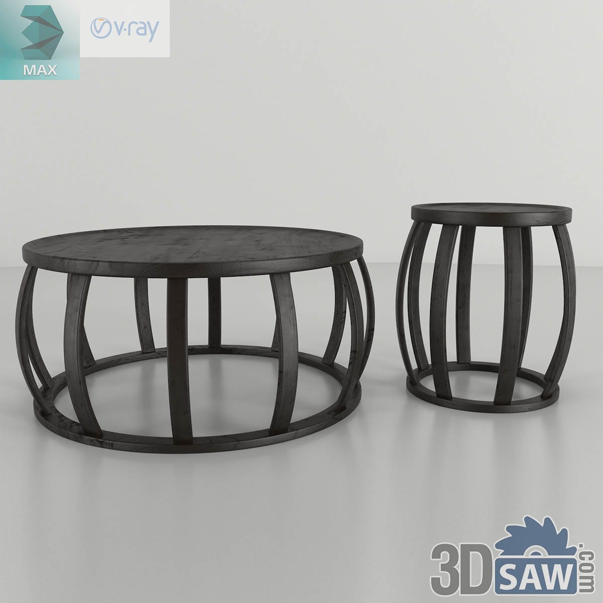 3ds Max contemporary black slatted barrel coffee table and matching side table