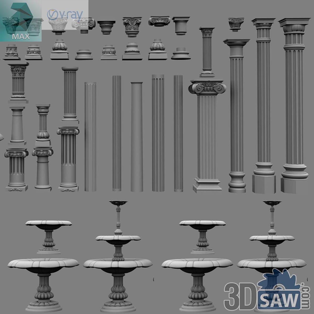 3ds Max collection of classical column capitals, bases, fluted shafts, pilasters and fountains