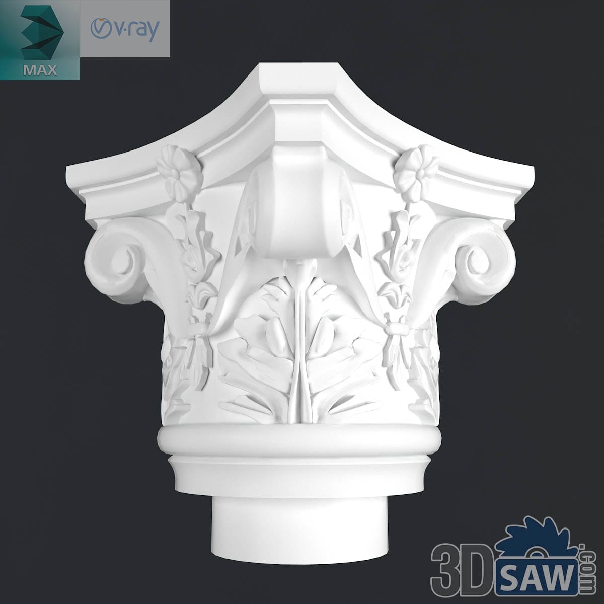 3ds Max classic Corinthian column capital with acanthus leaves and corner volutes in white