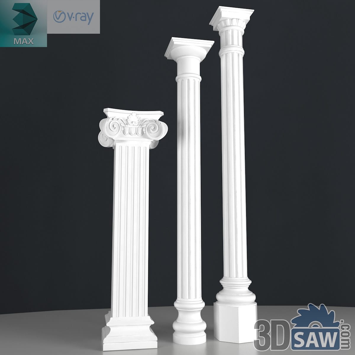 3ds Max classic set of a fluted Ionic pilaster and two fluted columns in white plaster