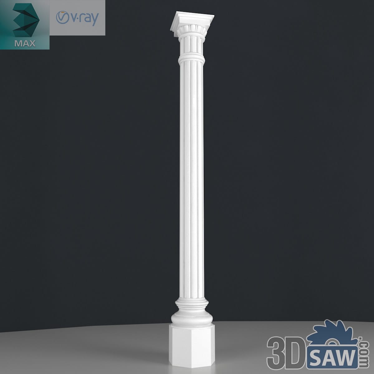 3ds Max classic slender fluted column with ringed capital on a hexagonal plinth in white