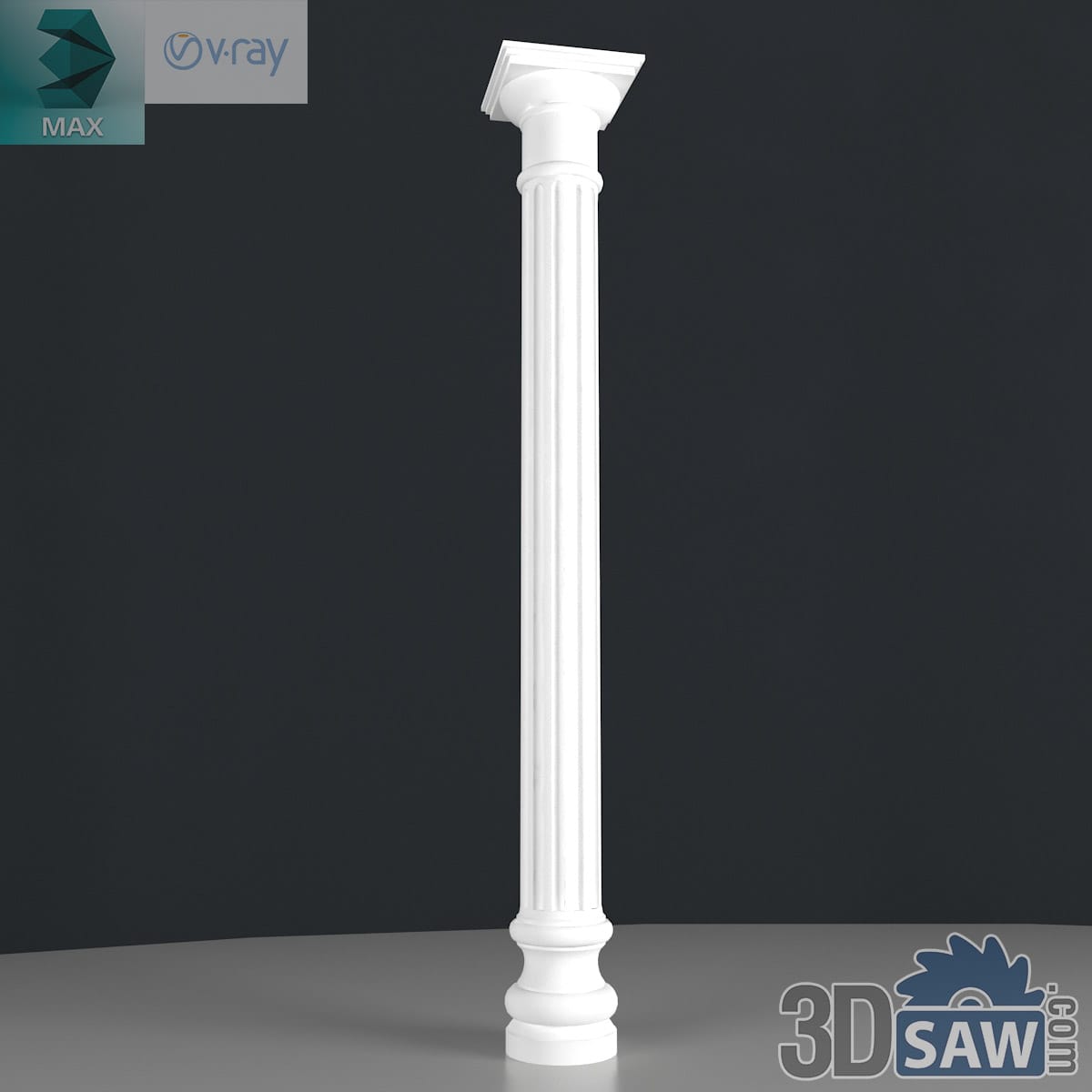 3ds Max classic fluted column with a plain square block capital and turned base in white