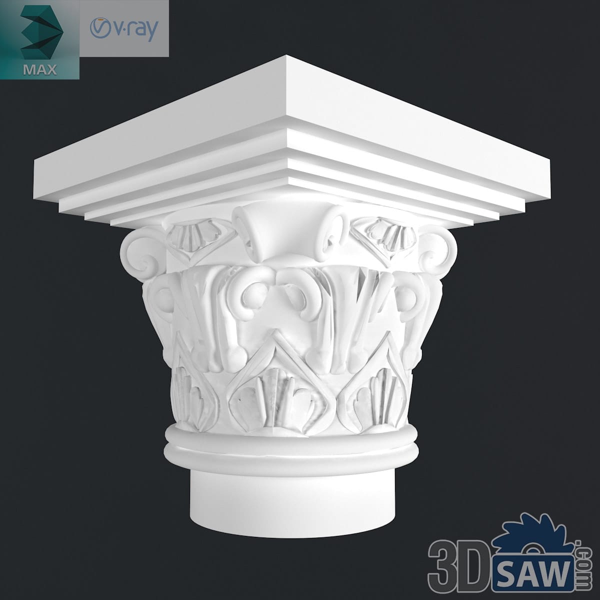 3ds Max Romanesque carved column capital with interlaced leaves and corner scrolls in white