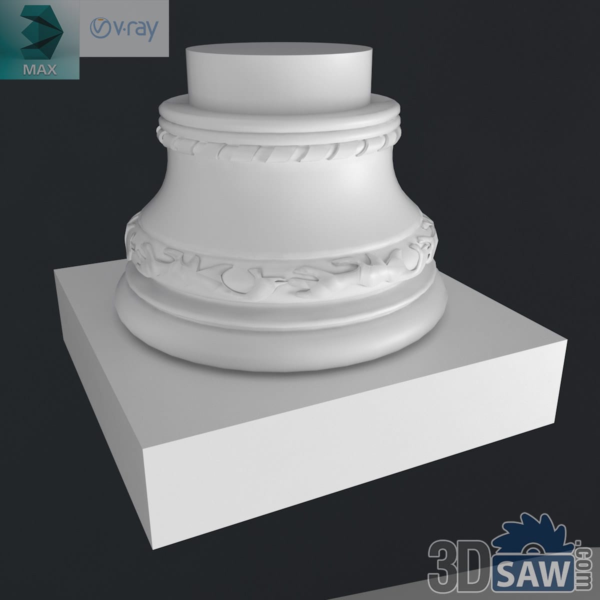 3ds Max classic carved column base with rope-twist and leaf bands on a square plinth in white