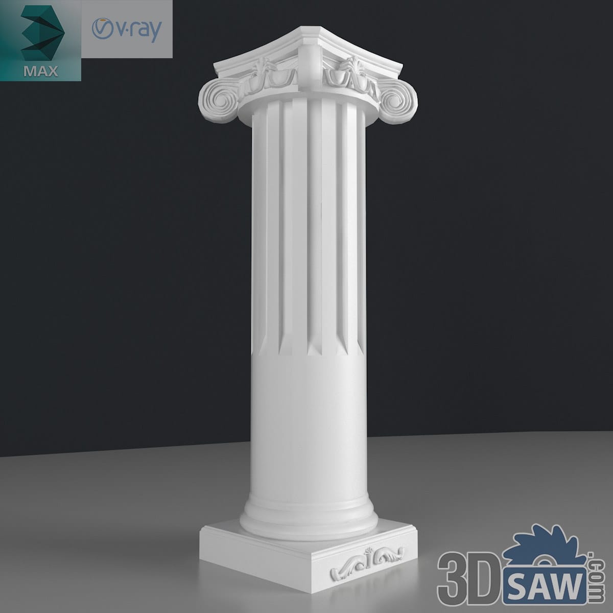 3ds Max classic fluted Ionic column with scroll-volute capital and carved base in white