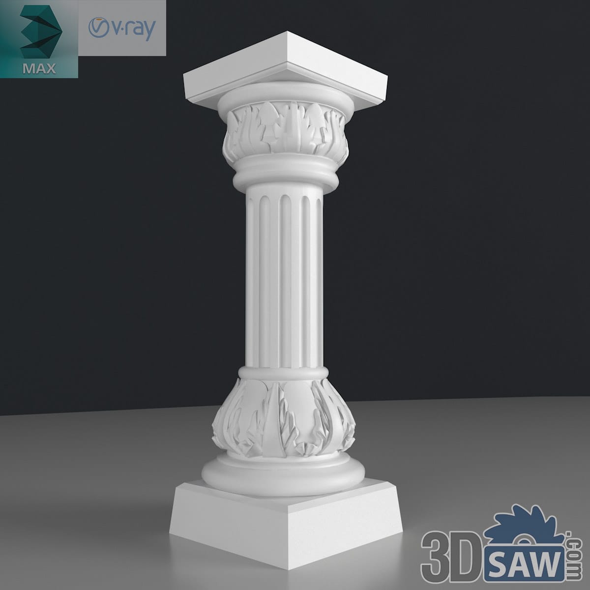 3ds Max classic fluted column with matching lotus-leaf carved capital and base in white