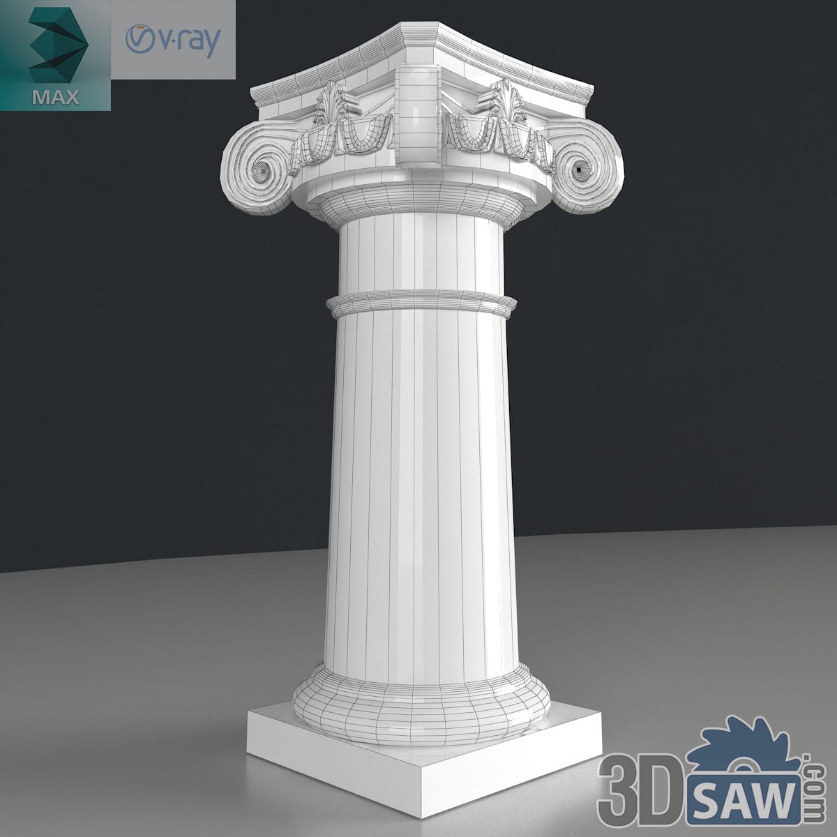 3ds Max classic fluted Ionic column with garland-and-volute capital shown as a clay render