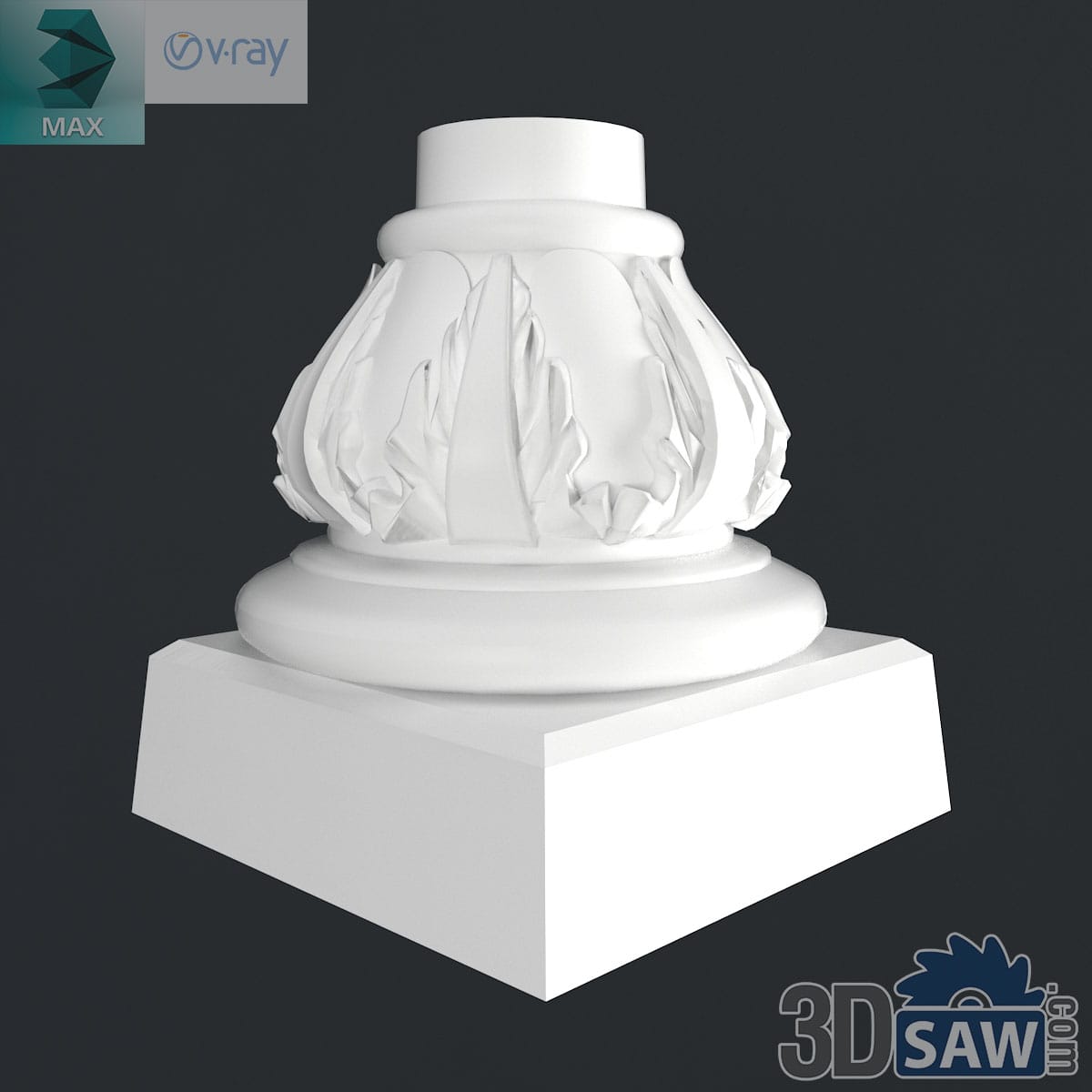 3ds Max classic acanthus-leaf carved column base on a square plinth in white plaster